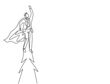 Devamlı bir çizgi halinde genç erkek işçiler büyük hedeflere ulaşmak için gökyüzüne doğru uçuyor. Büyük iş vizyonu Minimalist hedef kavramı. Tek çizgi çizimi tasarım vektörü grafik çizimi