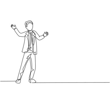 Ofiste iş sunumu yapan genç bir erkek çalışanın sürekli çizdiği bir çizgi. İş konferansı minimalist konseptinde konuşmacı. Tek çizgi çizimi tasarım vektörü grafik çizimi