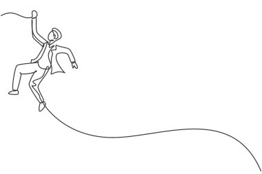 Hedeflerine ulaşmak için ipte sallanan genç bir erkek işçi sürekli bir çizgi çiziyor. Girişimci minimalist konseptinin iş mücadelesi. Tek çizgi çizimi tasarım vektörü grafik çizimi