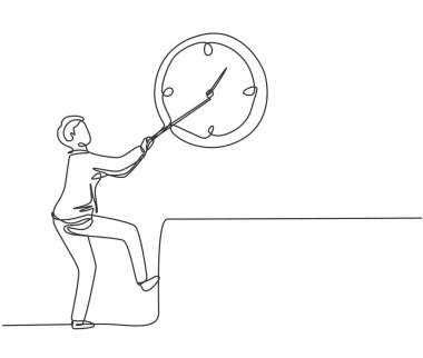Devamlı bir çizgi, genç erkek işçiyi saat yönünde büyük analog saati duvara doğru çekiyor. Zaman yönetimi iş minimalist kavramı. Tek çizgi çizimi tasarım vektörü grafik çizimi