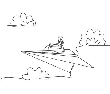 Tek sıra halinde oturan ve kağıt uçak kullanan genç Arap iş kadınlarını çekiyor. İş seyahati. Minimalizm metaforu. Dinamik bir çizgi çizer grafik tasarım vektörü çizer