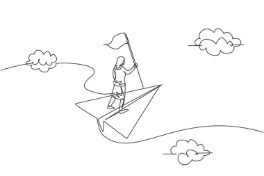 Kağıt uçakla uçan ve kazanan bayrak taşıyan genç bir iş kadını çizimi. İş hedefi. Metafor minimum konsept. Modern sürekli çizgi çizimi tasarım grafik vektör çizimi
