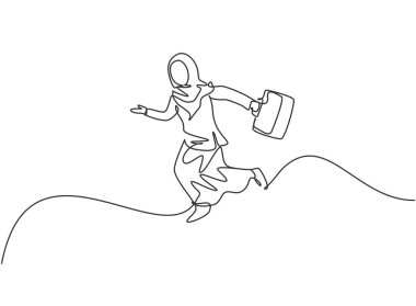 Genç Arap iş kadınlarını gökyüzüne zıplatan tek sıra. Başarılı bir işletme yöneticisi. Minimalizm metaforu. Dinamik bir çizgi çizer grafik tasarım vektörü çizer