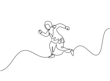 Sürekli bir çizgi halinde genç Arap kadın işçiler gökyüzüne yükseğe zıplıyorlar. Başarılı bir işletme yöneticisi. Minimalist metafor kavramı. Tek çizgi çizimi tasarım vektörü grafik çizimi