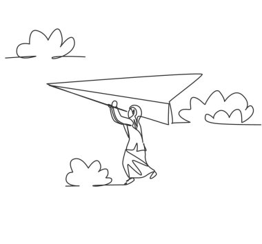 Sürekli bir çizgi halinde uçan kağıt uçakla uçan genç Arap kadın işçileri çekiyor. İş düellosu Minimalist metafor kavramı. Tek çizgi çizimi tasarım vektörü grafik çizimi