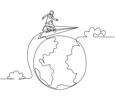 Continuous one line drawing young Arab female worker flying around the world. Success business travel trip. Minimalist metaphor concept. Single line draw design vector graphic illustration vector