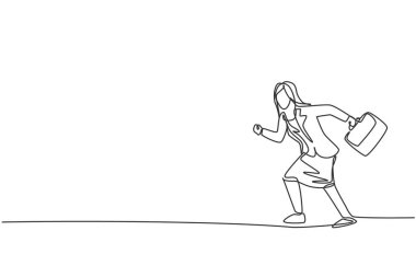 Genç iş kadınının koşu yarışını kazanmaya hazır poz verdiği tek sıra. İş yarışması hedefi. Metafor minimum konsept. Modern sürekli çizgi çizimi tasarım grafik vektör çizimi