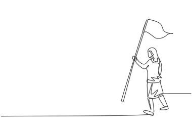 Yarışmayı kazanan bayrak taşıyan genç iş kadınlarının güvenini kazanan tek satır. İş hedefi hedefi. Metafor minimum konsept. Modern sürekli çizgi çizimi tasarım grafik vektör çizimi