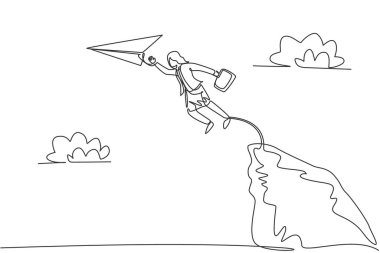 Tek sıra halinde genç bir iş kadını uçurumun tepesinden kağıt uçağa atlıyor. En iyi girişimci. Minimalizm metaforu. Bir çizgi çizimi grafik tasarım vektör çizimi