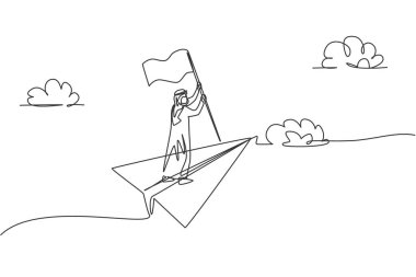 Kâğıt uçakla uçarken kazanan bayrağı tutan genç Arap iş adamının aralıksız çizimi. Minimalizm metaforu. Dinamik bir çizgi çizer grafik tasarım vektörü çizer
