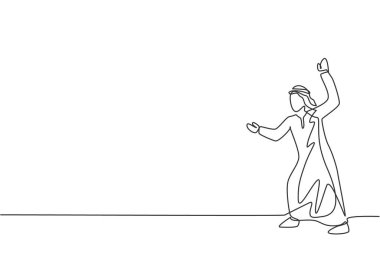 Genç Arap iş adamının çizdiği tek sıra düşman hareketinin saldırısına hazır poz veriyor. İş metaforu minimum konsept. Modern sürekli çizgi çizimi tasarım grafik vektör çizimi