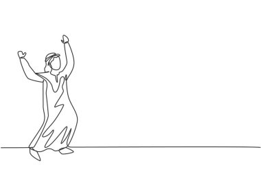 Genç ve mutlu bir Arap iş adamını büyüyen şirketini kutlamaya çeken tek sıra. İş başarısı. Minimalizm metaforu. Dinamik bir çizgi çizer grafik tasarım vektörü çizer
