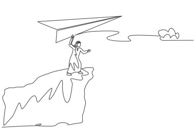 Single one line drawing of young Arabian business man fly paper plane from top of mountain. Business vision minimal metaphor concept. Modern continuous line draw design graphic vector illustration vector