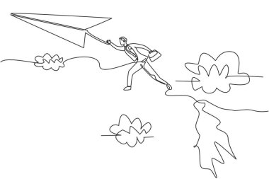 Tek sıra halinde uçan kağıt uçağa ulaşmak için tepelerden atlayan genç iş adamlarını çekiyor. İş metaforu. Minimalizm dinamiği bir çizgi çekiyor. Grafik tasarım vektör çizimi