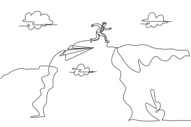Tek sıra halinde genç bir iş adamını kağıttan uçaktan atlayıp bir tepeyi geçmeye zorluyor. Profesyonel iş adamı metaforu. Minimalizm bir çizgi çiziyor. Grafik tasarım vektör çizimi