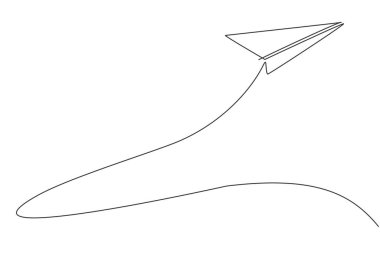 Tek çizgi halinde beyaz arka planda gökyüzüne uçan kağıt uçak çizimi. Kağıt uçak origami çocuk oyunu konsepti. Modern sürekli çizgi çizimi tasarım grafik vektör çizimi