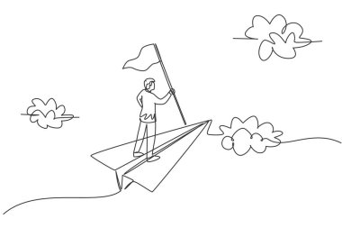 Devamlı bir çizgi halinde, kağıt uçakla uçarken elinde bayrak tutan genç bir erkek lider görülüyor. Başarılı işletme müdürü metaforu. Minimalist bir kavram. Tek çizgi çizimi tasarım vektörü grafik çizimi