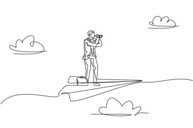 Tek sıra halinde genç ve zeki bir iş adamının borsayı analiz ederken kağıt uçağın üzerinde durması. İş metaforu. Devamlı çizgi çekme. Asgari tasarım grafik vektör illüstrasyonu