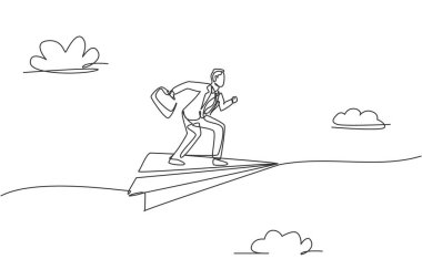 Sürekli bir çizgi halinde uçan kağıt uçak üzerinde koşmaya hazır genç erkek işçi pozu veriyor. Başarılı işletme müdürü metaforu. Minimalist bir kavram. Tek çizgi çizimi tasarım vektörü grafik çizimi