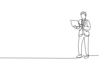 Dizüstü bilgisayar tutarken takım elbiseli genç ve zeki bir iş adamının çizdiği tek çizgi. İş konsepti. Modern sürekli çizgi çekme. Asgari tasarım grafik vektör illüstrasyonu