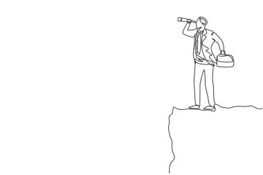 Continuous one line drawing young male worker analyze market situation from top of the mount. Success business manager. Minimalist concept. Trendy single line draw design vector graphic illustration vector