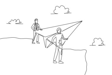 Single one line drawing young businessmen standing on top mountain and holding paper airplane to fly. Business metaphor concept. Modern continuous line draw. Minimal design graphic vector illustration vector
