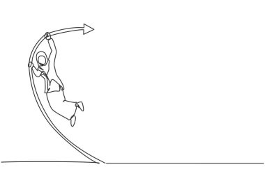 Genç Arap iş kadınının sırıkla yüksek atladığı tek bir çizgi. Ekonomik büyüme metaforu minimum konsept. Modern sürekli çizgi çizimi tasarım grafik vektör çizimi
