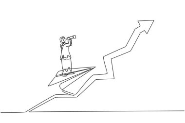Genç Arap iş kadınını çizen tek çizgi kağıt uçakla uçarken kâr büyümesini analiz ediyor. Ticari asgari konsept. Aralıksız çizgi çizimi tasarım grafik vektör çizimi