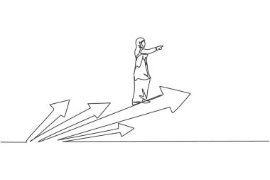 Tek sıra halinde, ok süren ve uçan genç profesyonel Arap girişimci bayanları çekiyor. Minimalizm işletme büyüme metaforu kavramı dinamik bir çizgi grafik tasarım vektörü illüstrasyonu
