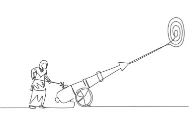 Genç, profesyonel, Arap girişimci bayanları çeken tek sıra gol hedefi için topu ateşliyor. Minimalizm metaforu konsepti dinamik bir çizgi grafik tasarım vektörü çizer