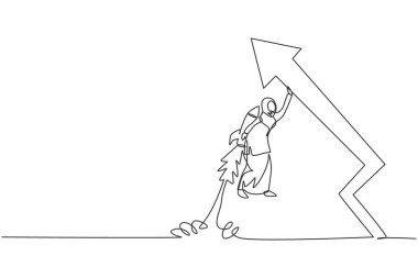Tek sıra halinde, genç Arap iş kadını, satış okunun grafiğini yükseltmek için sırt roketi kullanarak yüksekten uçuyor. İş büyümesi asgari konsept. Modern sürekli çizgi çizimi tasarım grafik vektör çizimi