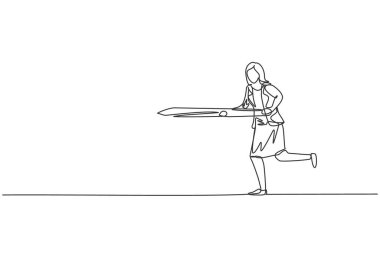 Genç ve zeki bir iş kadınının iş hedefine doğru koşarken çekilmiş tek bir çizgisi. İş satışları büyümesi metaforu minimum konsept. Modern sürekli çizgi çizimi tasarım grafik vektör çizimi