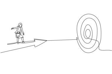 Hedefi vurmak için ileri ok atan genç bayan yöneticinin sürekli çizdiği tek çizgi. Profesyonel iş kadını. Minimalizm konsepti dinamik bir çizgi grafik tasarım vektörü illüstrasyonu