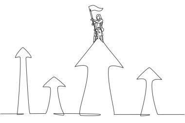 Genç bayan müdürün sürekli çizdiği tek çizgi yukarı ok işareti dikmiş. Başarılı iş kadını metaforu. Minimalizm konsepti dinamik bir çizgi grafik tasarım vektörü illüstrasyonu