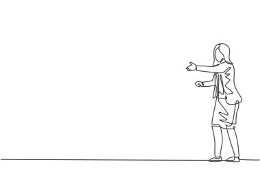 Genç bayan müdürün sürekli el sıkışırken çizdiği tek çizgi. Profesyonel iş kadını işi anlaşması. Minimalizm konsepti dinamik bir çizgi grafik tasarım vektörü illüstrasyonu