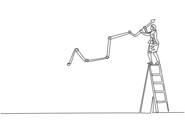 Genç bayan işçilerin sürekli bir çizimi merdivenleri tırmanıp satış büyüme grafiği çiziyor. Başarılı işletme yöneticisi minimalist konsepti. Moda tek çizgi çizimi tasarım vektörü grafik çizimi