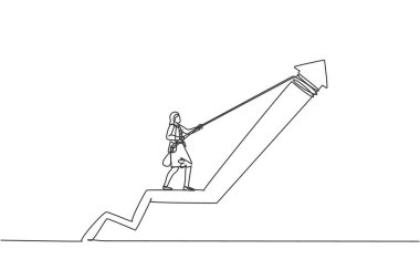 Grafiği yükseltmek için ok sembolünü kaldıran tek bir akıllı iş kadını çizimi. İş satışları çok düşük bir konsept. Modern sürekli çizgi çizimi tasarım grafik vektör çizimi