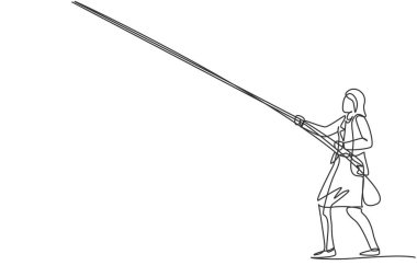 Uçurtmaları almak için halat çeken genç bayan işçilerin durmaksızın çizdiği bir çizgi. Başarılı işletme yöneticisi minimalist konsepti. Moda tek çizgi çizimi tasarım vektörü grafik çizimi