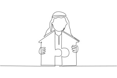 Sürekli bir çizgi halinde genç yakışıklı Arap erkek işçi ev inşa etmek için bulmaca parçalarını birleştiriyor. Başarı stratejisi minimalist kavram. Moda tek çizgi çizimi tasarım vektörü grafik çizimi
