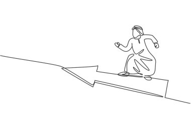 Genç Arap erkek girişimcinin ileri ok sembolüyle uçtuğu tek bir çizgi. Hızlı iş büyümesi asgari konsept. Modern sürekli çizgi çizimi tasarım grafik vektör çizimi