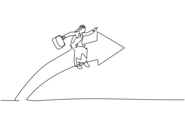 Genç Arap erkek girişimcinin ok sembolüne binip gökyüzüne uçtuğu tek bir çizgi. İş büyümesi asgari konsept. Modern sürekli çizgi çizimi tasarım grafik vektör çizimi