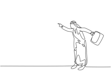 Genç ve kızgın Arap işadamını işçisini işaret eden tek sıra. Öfkeli profesyonel yönetici. Minimalizm konsepti dinamik bir çizgi grafik tasarım vektörü illüstrasyonu