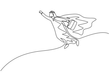 Elinde evrak çantasıyla uçan genç Arap erkek süper kahraman çizmeye devam ediyor. Başarılı işletme yöneticisi minimalist konsepti. Moda tek çizgi çizimi tasarım vektörü grafik çizimi