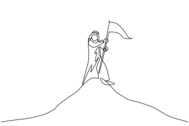 Single continuous line drawing young Arabic businessman planting the goal flag on the top of mountain. Business goal achievement. Minimalism concept one line draw graphic design vector illustration vector