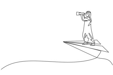 Kâğıt uçakla uçarken genç Arap iş adamının fırsatları analiz ettiği tek sıra çizimi. Akıllı iş vizyonu. Minimalizm konsepti bir çizgi grafik tasarım vektörü illüstrasyonu