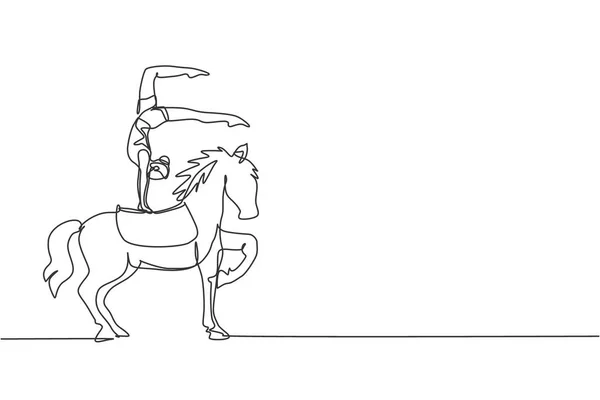 Непрерывная Линия Изображающая Акробатку Выступающую Цирковой Лошади Время Танца Коне — стоковый вектор