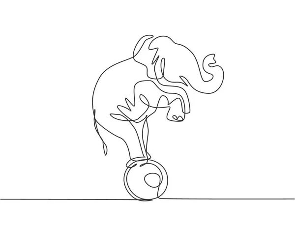 连续一行画一头经过训练的大象站在球上 前腿抬起 很好的表演和成功的马戏团表演 单行绘图设计矢量图形说明 — 图库矢量图片