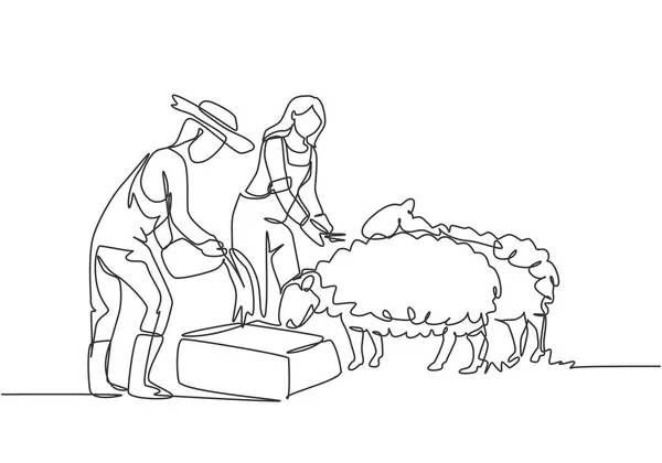 Nepřetržitý Jeden Řádek Kreslení Pár Farmářů Krmí Ovce Tak Ovce — Stockový vektor