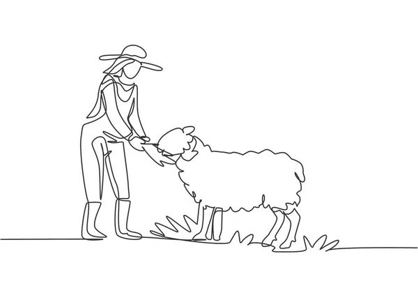 Одна Сплошная Линия Рисующая Молодую Фермершу Кормит Овец Овцы Здоровы — стоковый вектор