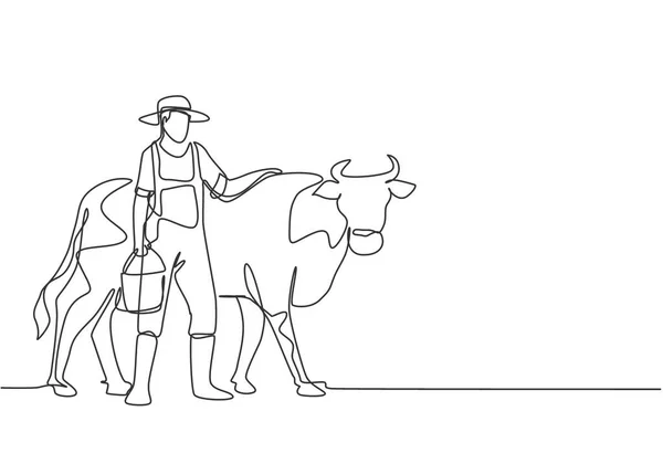 Непрерывная Линия Изображающая Молодого Фермера Мужчину Растирающего Корову Несущего Ведро — стоковый вектор
